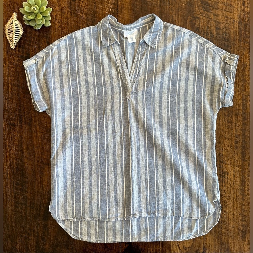 Sigrid Olsen | White & Blue Striped Linen Blend Short Sleeve Pop-Over Blouse